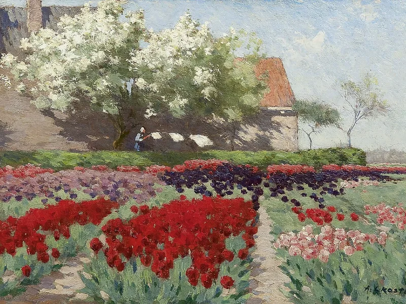 1859-Antonie Lodewijk Koster - Campi di tulipani in fiore e alberi da frutto